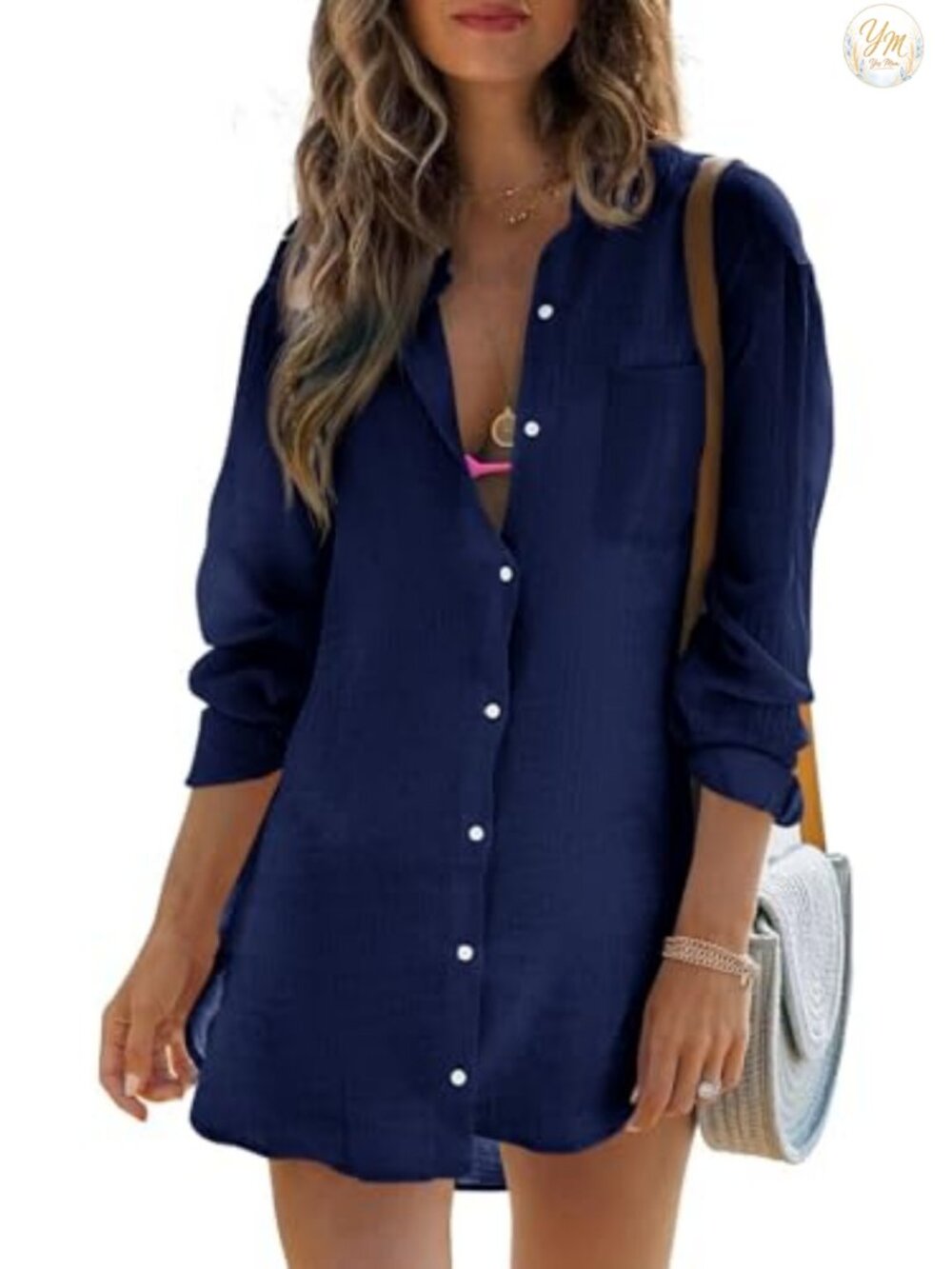 Womens Cotton Beach Cover Up Long Sleeve Button Down Tunic Shirt Swim Coverup